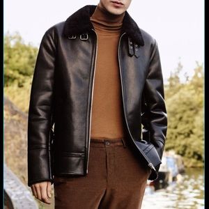 Zara Faux Leather Black Moto Wool Fur Collar Coat Size Small Zara Men
